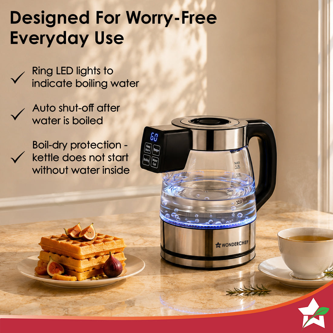Wonderchef Crystal Tap & Flow Glass Kettle & Hot Water Dispenser, 1.7 L Borosilicate Glass Jar, Built-in Battery, Temper