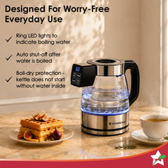 Wonderchef Crystal Tap & Flow Glass Kettle & Hot Water Dispenser, 1.7 L Borosilicate Glass Jar, Built-in Battery, Temper