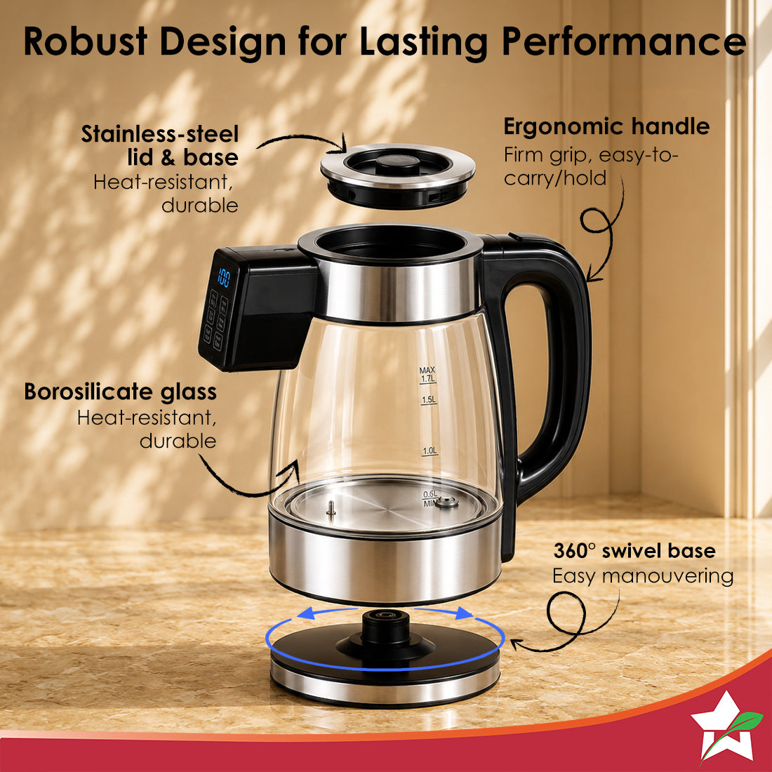 Wonderchef Crystal Tap & Flow Glass Kettle & Hot Water Dispenser, 1.7 L Borosilicate Glass Jar, Built-in Battery, Temper