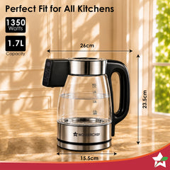 Wonderchef Crystal Tap & Flow Glass Kettle & Hot Water Dispenser, 1.7 L Borosilicate Glass Jar, Built-in Battery, Temper