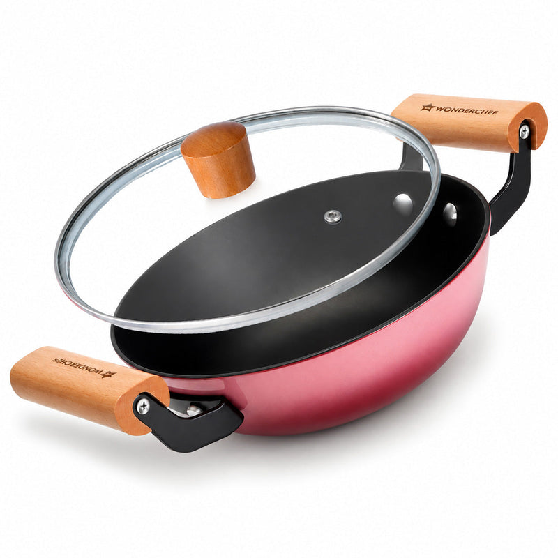 Wonderchef Ferro Enamel Light-weight Cast-iron Kadhai with Lid, 24cm, No Seasoning Required, TitaniumShield Non-toxic Ch