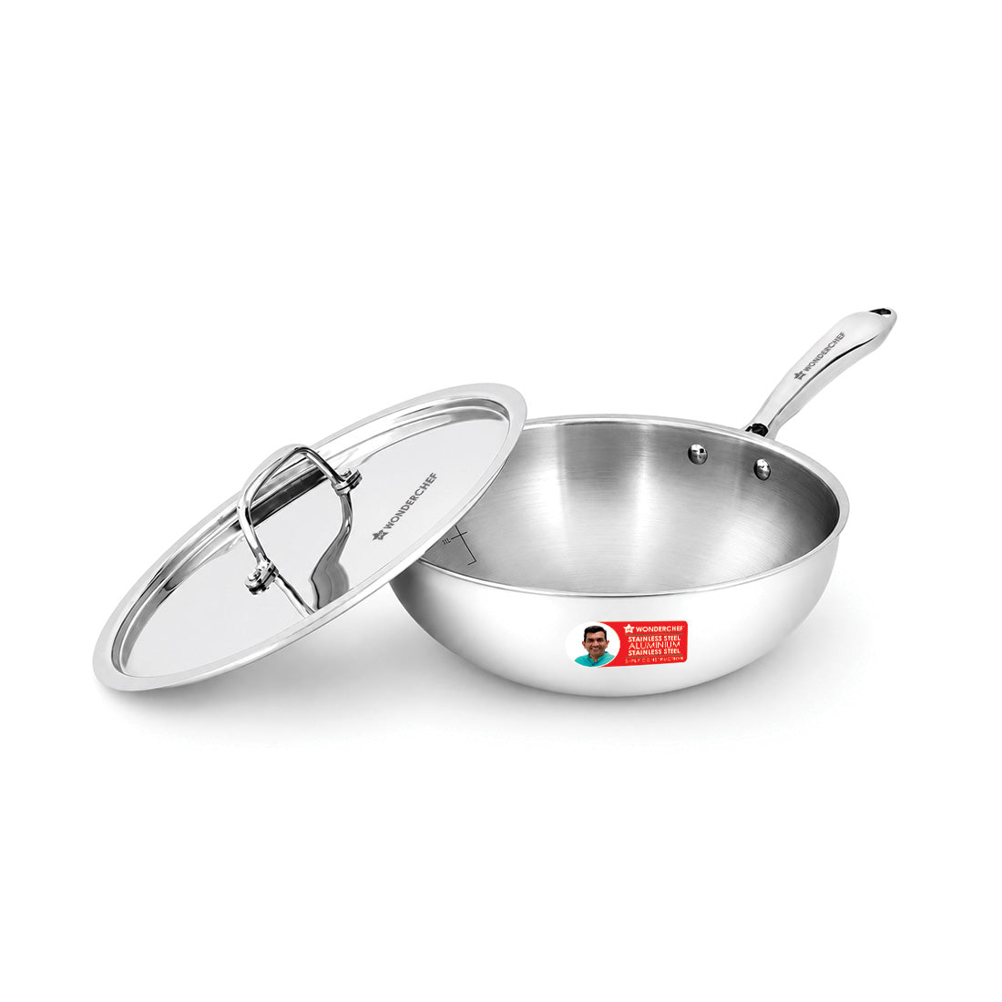 Wonderchef Premium Triply Stainless-steel Wok with Lid for Kitchen, 24cm 2.8 L, Use for Stir/Shallow/Deep Fry, Kadhai fo