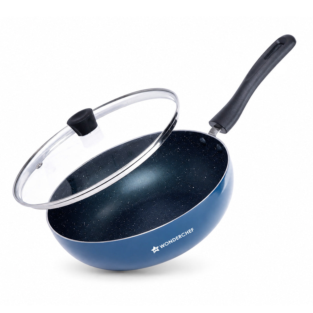 Wonderchef Blueberry Non-Stick Wok with Glass Lid, Kadhai & Lid 24 cm, Non-toxic, Chemical & PFOA Free, Pure-grade Alumi