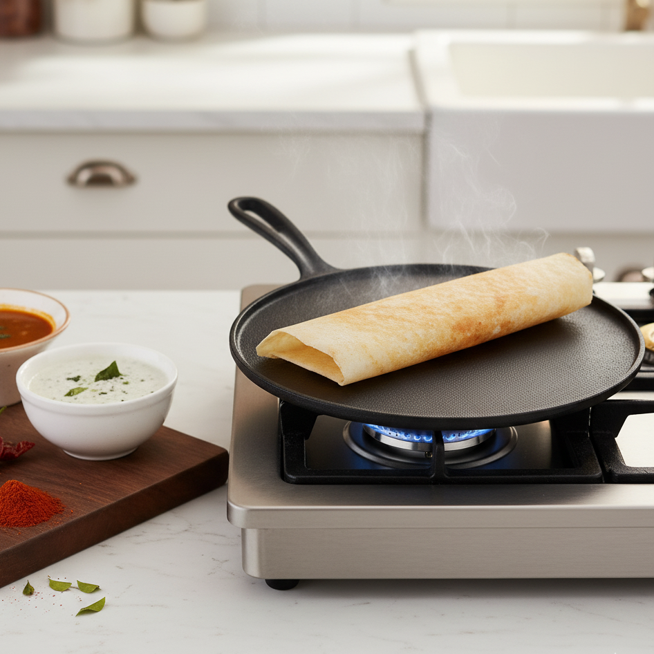 Forza Cast-Iron 27 cm Dosa Tawa Pan | Pre-Seasoned Cookware | Induction Friendly | 4 mm | With Lifetime Exchange Warranty