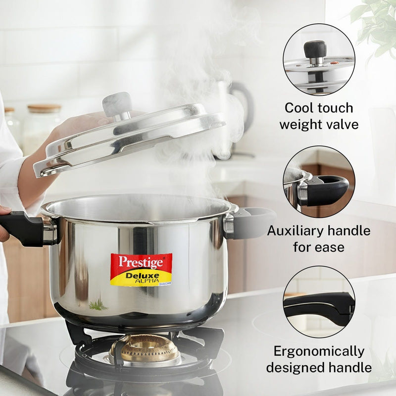 Prestige Deluxe Alpha Svachh Stainless Steel Spillage Control Pressure Cooker, 4 L (Silver), Prestige Omega Deluxe Granite Non-stick Round Base Omni Tawa, 25 cm (Black)