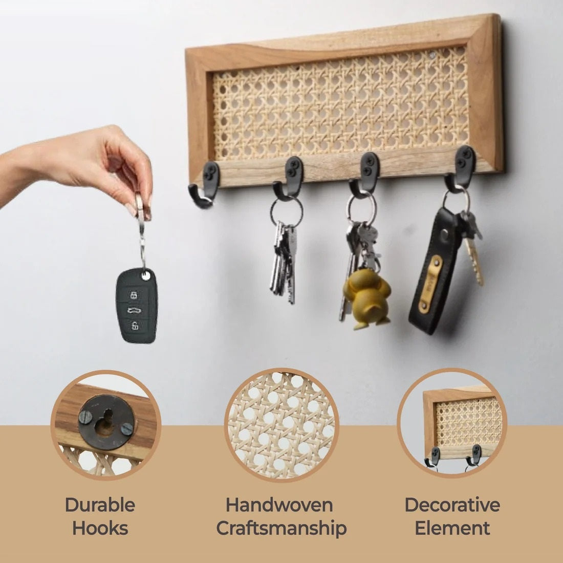 Natural Rattan Wooden Wall Key Holder Rack- Set Of 2