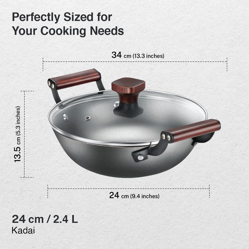 Prestige Castlite Nitride Cast Iron Fry Pan 20cm/0.9L, Rust-Proof, Chemical-Free + Prestige Castlite Lightweight Cast Iron Kadai 24cm/2.4L with Glass Lid, Enamel Coated, Gas & Induction, 15Y Warranty