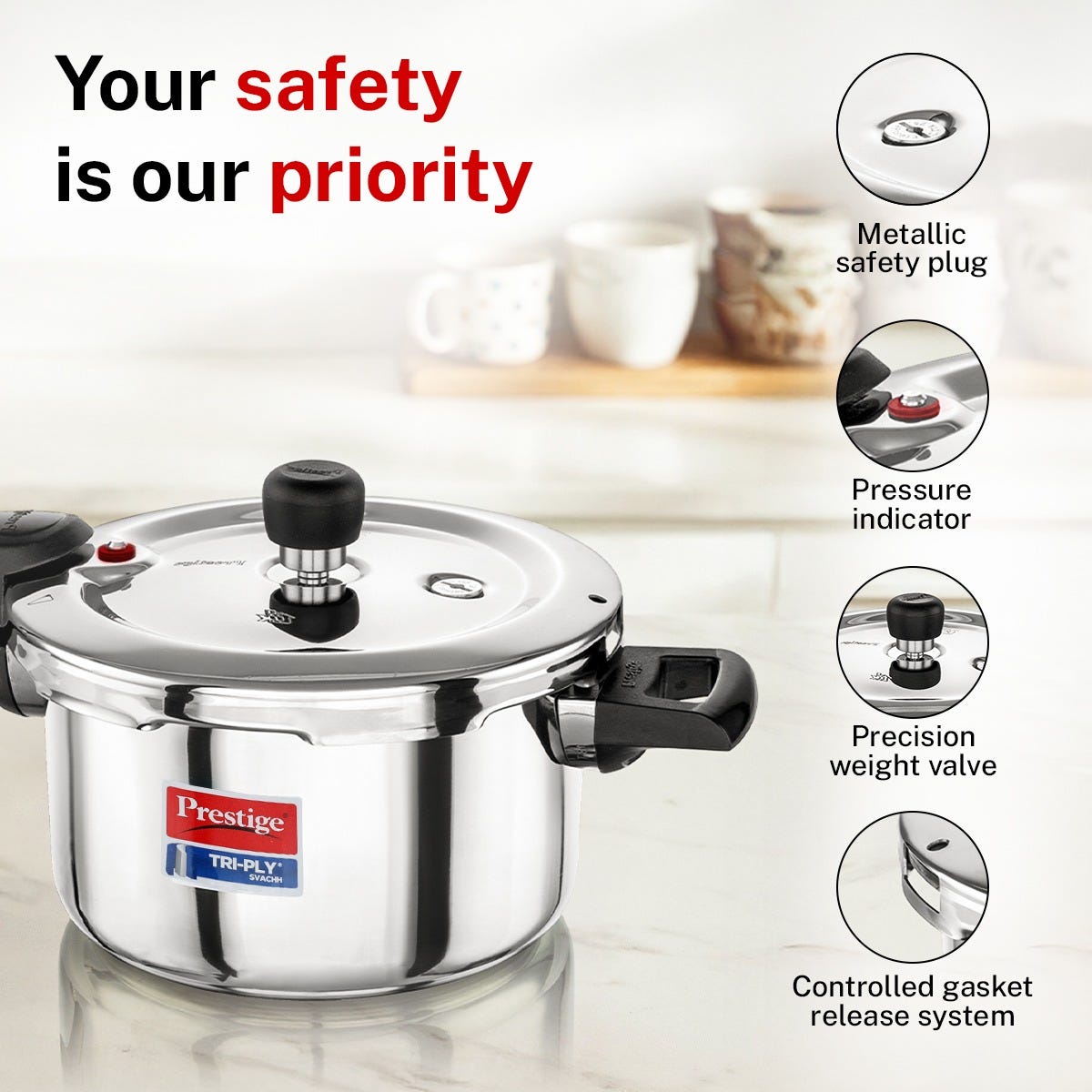 Prestige Edge PEBS 03L Manual Powder Coated with Aluminium Frame 3 Burners Gas Stove, Black, Prestige Svachh Triply Outer Lid Pressure Cooker with Unique Deep Lid for Spillage Control, 5 Litre, Silver