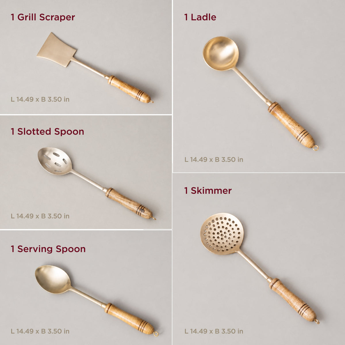 5-Piece Handcrafted Pure Brass Ladle Set •  Durable & Heat-Resistant Wooden Handles (पीतल के करछुल सेट)
