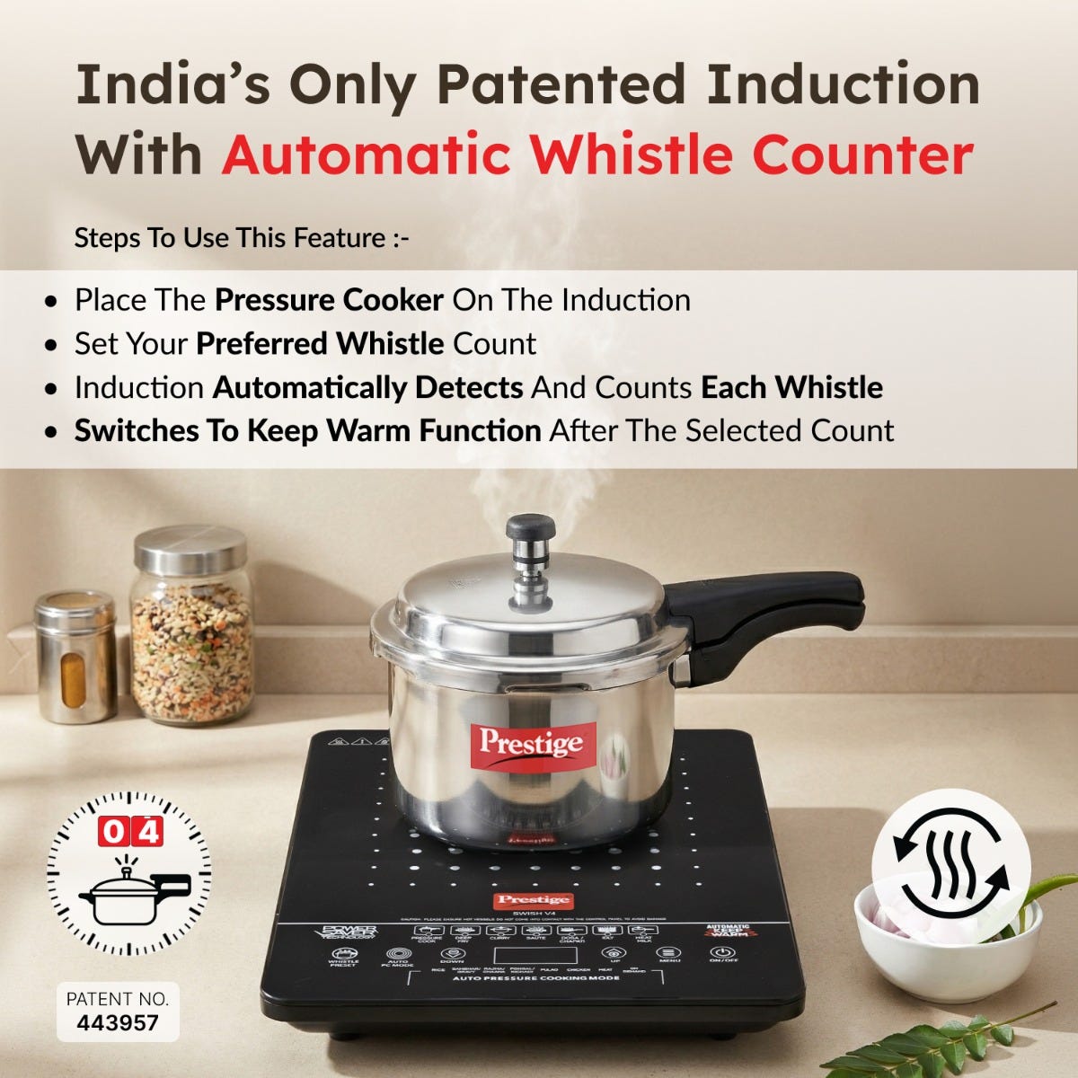 Prestige Swish Induction Cooktop V4 + Prestige Omega Deluxe Granite Alpha 3 Pc BYK Non-Stick Set: Kadai 24cm with Glass Lid, Omni Tawa 28cm, Fry Pan 24cm, Gas & Induction Compatible