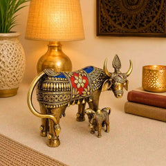 Brass Dhokra Kamdhenu Cow with Calf Statue (6.5 Inch)