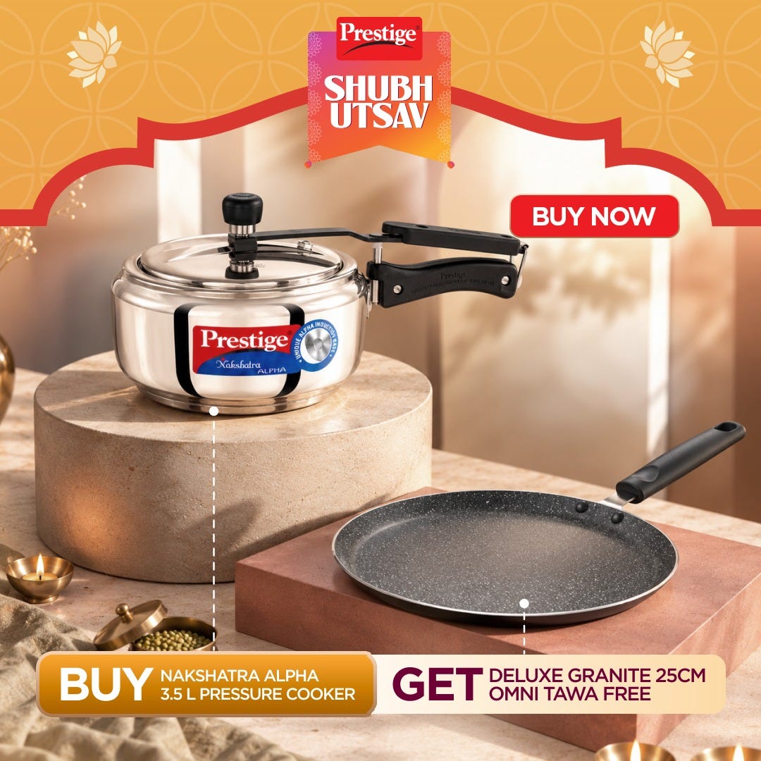 Prestige Nakshatra Alpha Stainless Steel Gas and Induction Compatible Pressure Cooker, 3.5 L (Silver), Prestige Omega Deluxe Granite Non-stick Round Base Omni Tawa, 25 cm (Black)