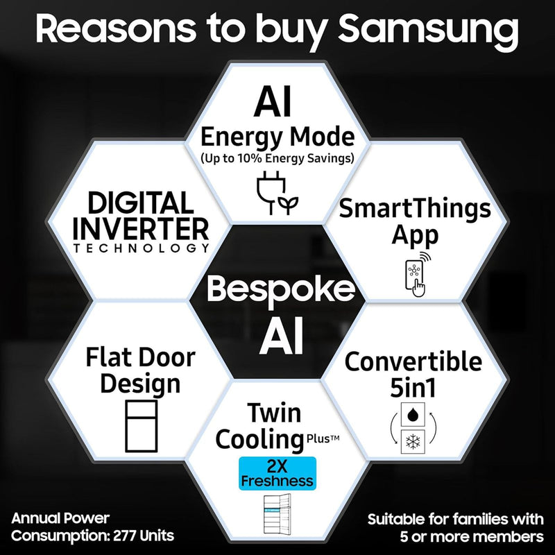 SAMSUNG 330 Litres 2 Star Frost Free Double Door Smart Wifi Enabled Refrigerator with Bespoke AI (RT34DG5A2BSLHL, EZ Clean Steel)