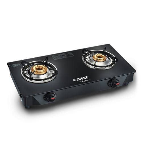 Judge by Prestige 2 Burner Deluxe Glasstop Gas Stove | High-efficiency Tri-pin Brass Burners | Spill Proof Design | 2 years Warranty
