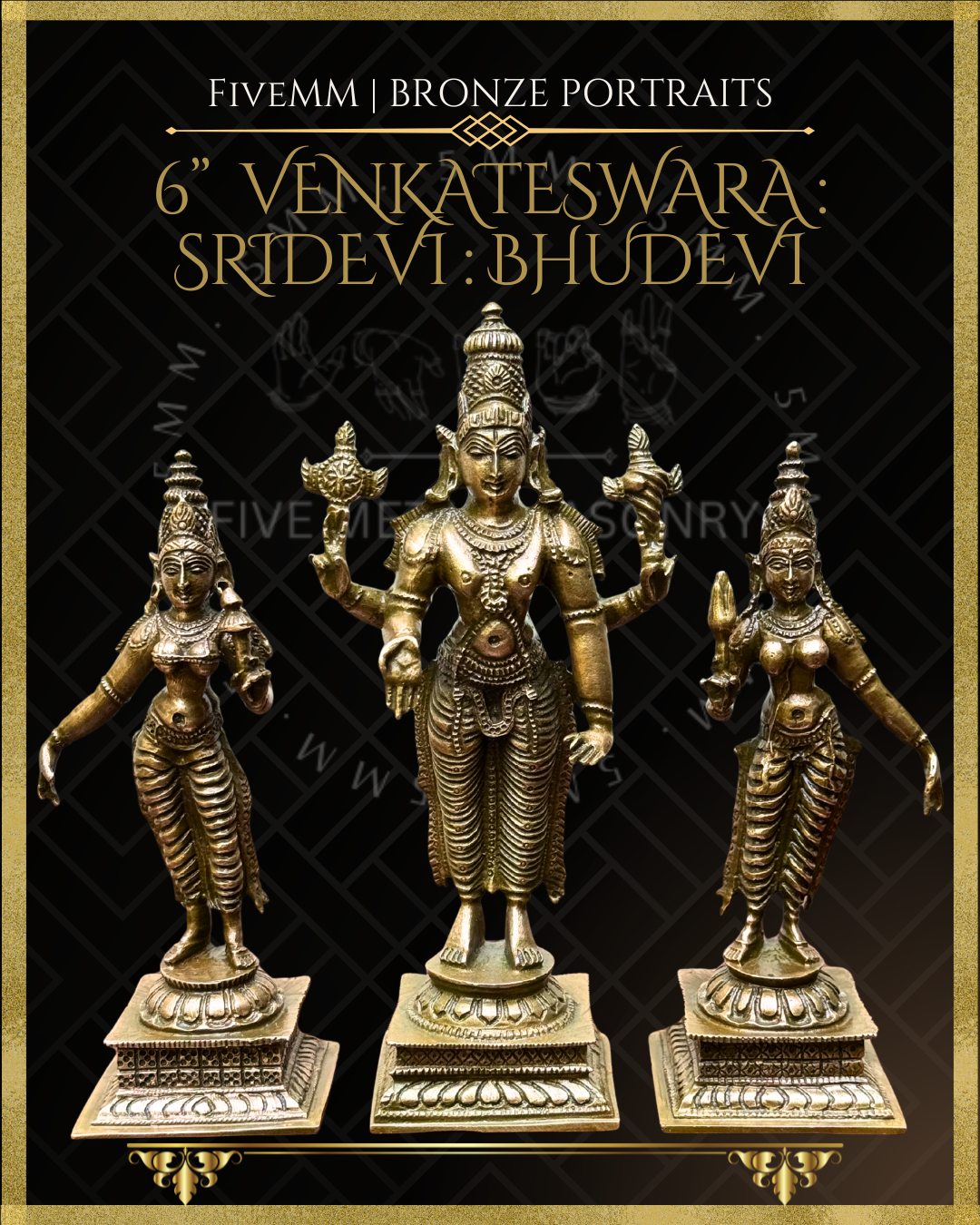 Venkateswara-Sridevi-Bhudevi  Panchaloha Bronze Icon Set - 6"