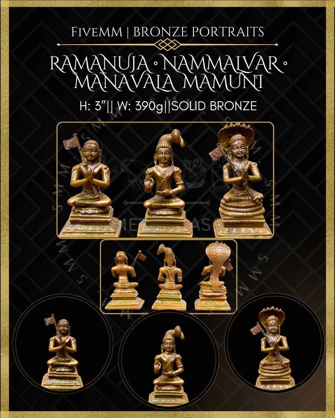 Vaishnava Saints: Ramanujacharya, Nammalvar, Manavalamamuni Panchaloha Bronze Icon Set - 3" - Antique finish