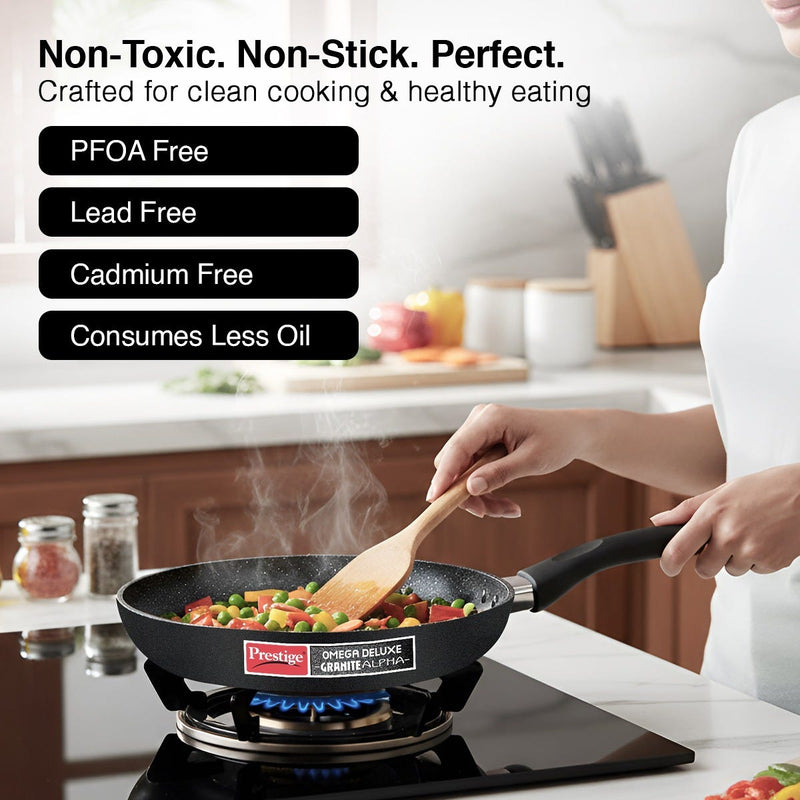 Prestige PIC 16.0 Plus 2000W Induction Cooktop, 4KV Surge Protection + Prestige Omega Deluxe Granite Alpha 3 Pc BYK Non-Stick Set: Kadai 24cm with Glass Lid, Omni Tawa 28cm, Fry Pan 24cm