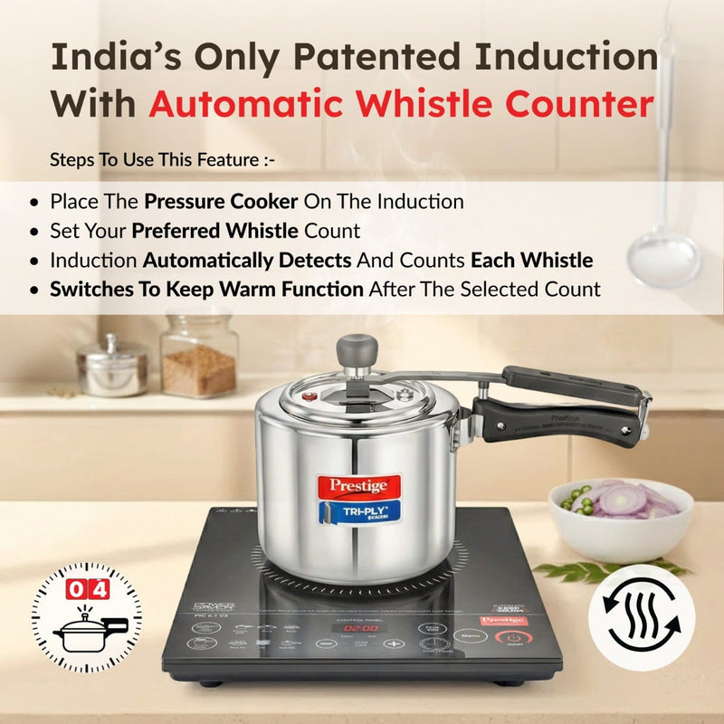 Prestige PIC 6.1 V3 2200W Induction Cooktop, Whistle Counter, 4KV Surge Protection, 7 Indian Menus + Prestige TRIPLY Splendid 4 Pc Cookware Set: Fry Pan 22cm, Kadai 22cm, Saucepan 14cm, SS Lid 24cm