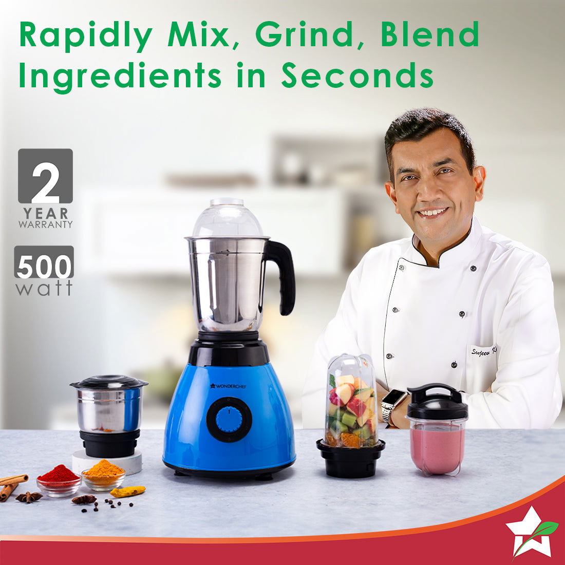 Wonderchef Acura Blender Pro Mixer Grinder 500W, 230V~50Hz, 4 Jars( 2 Stainless Steel + 2 Polycarbonate Jars), Black & B