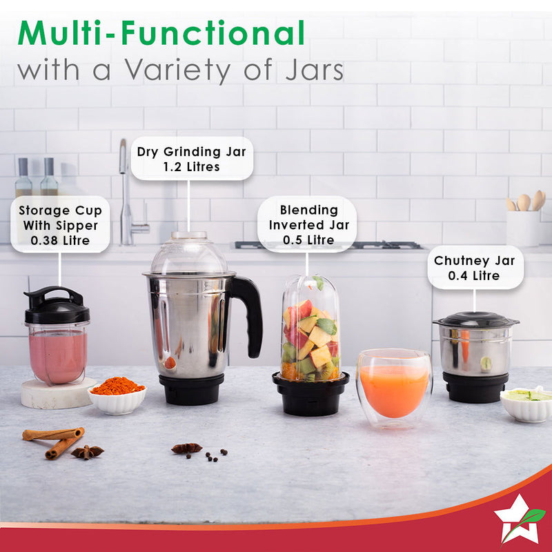 Wonderchef Acura Blender Pro Mixer Grinder 500W, 230V~50Hz, 4 Jars( 2 Stainless Steel + 2 Polycarbonate Jars), Black & B