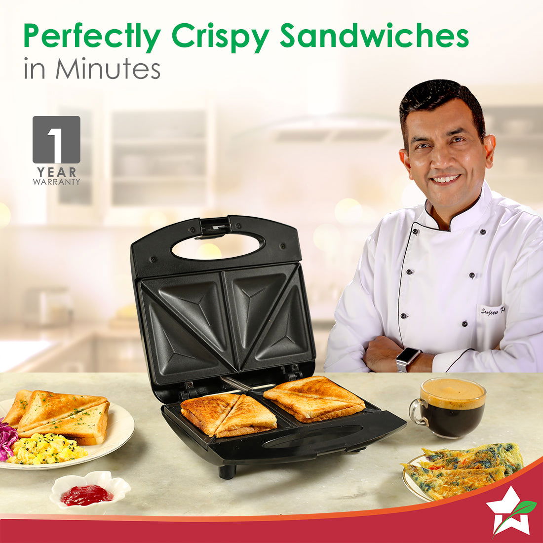 Wonderchef Acura Plus Sandwich Maker | 750W | Non-stick Aluminium Grill Plates | For Crispy Toast Sandwiches | Cool-touc
