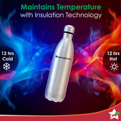 Aqua-Bot, 1000ml, Double Wall Stainless Steel Vacuum Insulated Hot and Cold Flask, Spill & Leak Proof, Silver, 2 Years Warranty