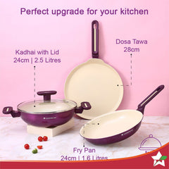 Bellagio Cookware 4 Pc. Set | Kadhai & Lid, Fry Pan, Dosa Tawa | Healthy Ceramic Coating | Non-Toxic | PFAS and PFOA Free | 3mm Thickness | Soft-Touch Handles and Knob | Deep Purple | 2 Year Warranty