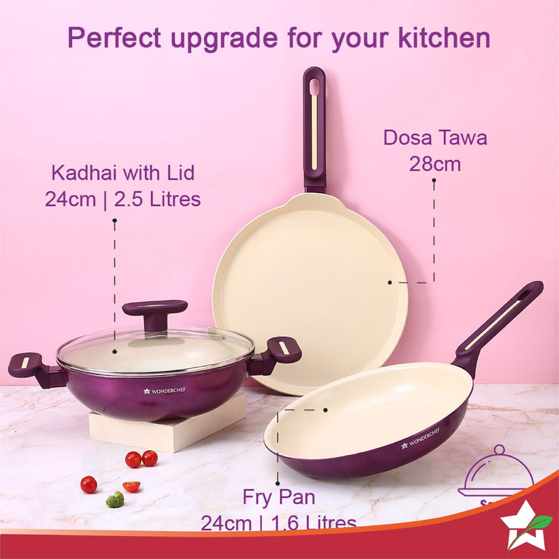 Bellagio Cookware 4 Pc. Set | Kadhai & Lid, Fry Pan, Dosa Tawa | Healthy Ceramic Coating | Non-Toxic | PFAS and PFOA Free | 3mm Thickness | Soft-Touch Handles and Knob | Deep Purple | 2 Year Warranty