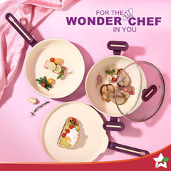 Bellagio Cookware 4 Pc. Set | Kadhai & Lid, Fry Pan, Dosa Tawa | Healthy Ceramic Coating | Non-Toxic | PFAS and PFOA Free | 3mm Thickness | Soft-Touch Handles and Knob | Deep Purple | 2 Year Warranty