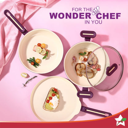 Bellagio Cookware 4 Pc. Set | Kadhai & Lid, Fry Pan, Dosa Tawa | Healthy Ceramic Coating | Non-Toxic | PFAS and PFOA Free | 3mm Thickness | Soft-Touch Handles and Knob | Deep Purple | 2 Year Warranty