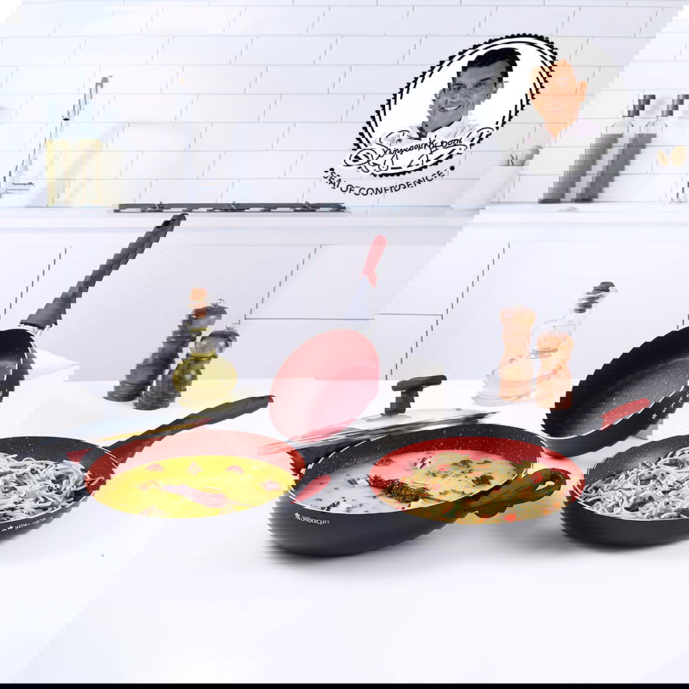 Burlington Aluminum Non-Stick Cookware 4 pc Set | Kadhai with Glass Lid 1.15L, Sauce Pan 2.6L, Fry Pan 1.7L | Induction Bottom | Soft Touch Handles | Pure Grade Aluminium | PFOA Free | 2 Year Warranty | Red/Black