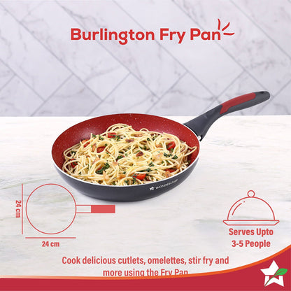 Burlington Aluminum Non-Stick Cookware 4 pc Set | Kadhai with Glass Lid 1.15L, Sauce Pan 2.6L, Fry Pan 1.7L | Induction Bottom | Soft Touch Handles | Pure Grade Aluminium | PFOA Free | 2 Year Warranty | Red/Black