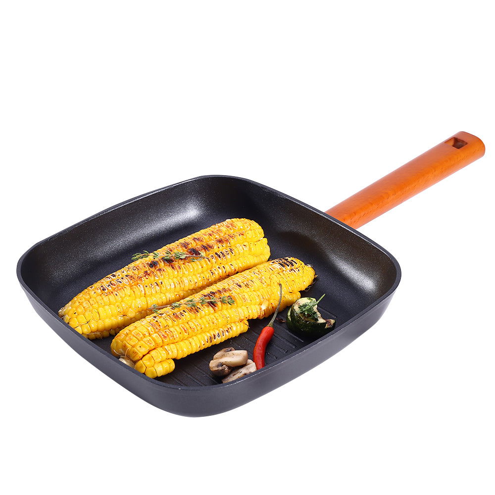 Wonderchef Caesar Forged Grill Pan, 24cm, Black, Greblon C3 Non-stick Coating, Virgin Aluminium, PFOA Free, German Beech