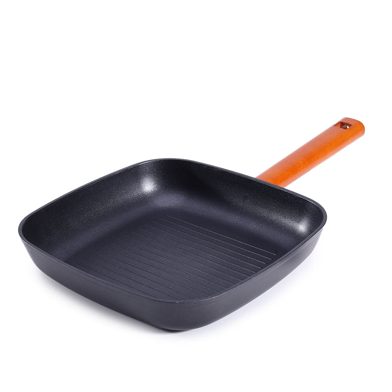 Wonderchef Caesar Forged Grill Pan, 24cm, Black, Greblon C3 Non-stick Coating, Virgin Aluminium, PFOA Free, German Beech