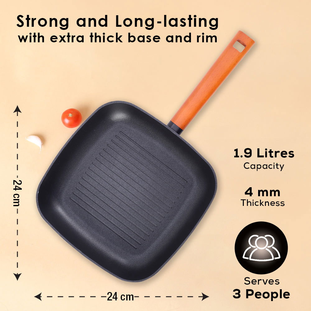Wonderchef Caesar Forged Grill Pan, 24cm, Black, Greblon C3 Non-stick Coating, Virgin Aluminium, PFOA Free, German Beech