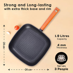 Wonderchef Caesar Forged Grill Pan, 24cm, Black, Greblon C3 Non-stick Coating, Virgin Aluminium, PFOA Free, German Beech