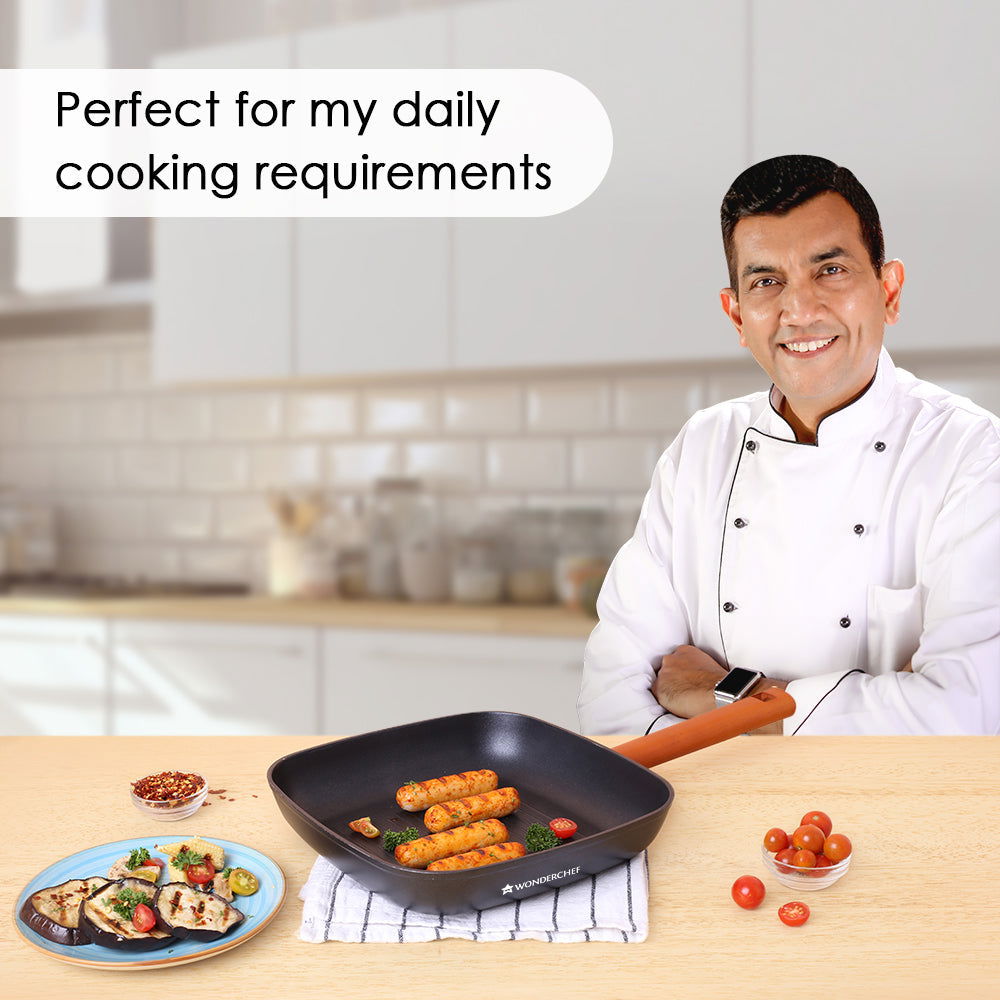 Wonderchef Caesar Forged Grill Pan, 24cm, Black, Greblon C3 Non-stick Coating, Virgin Aluminium, PFOA Free, German Beech