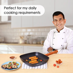 Wonderchef Caesar Forged Grill Pan, 24cm, Black, Greblon C3 Non-stick Coating, Virgin Aluminium, PFOA Free, German Beech