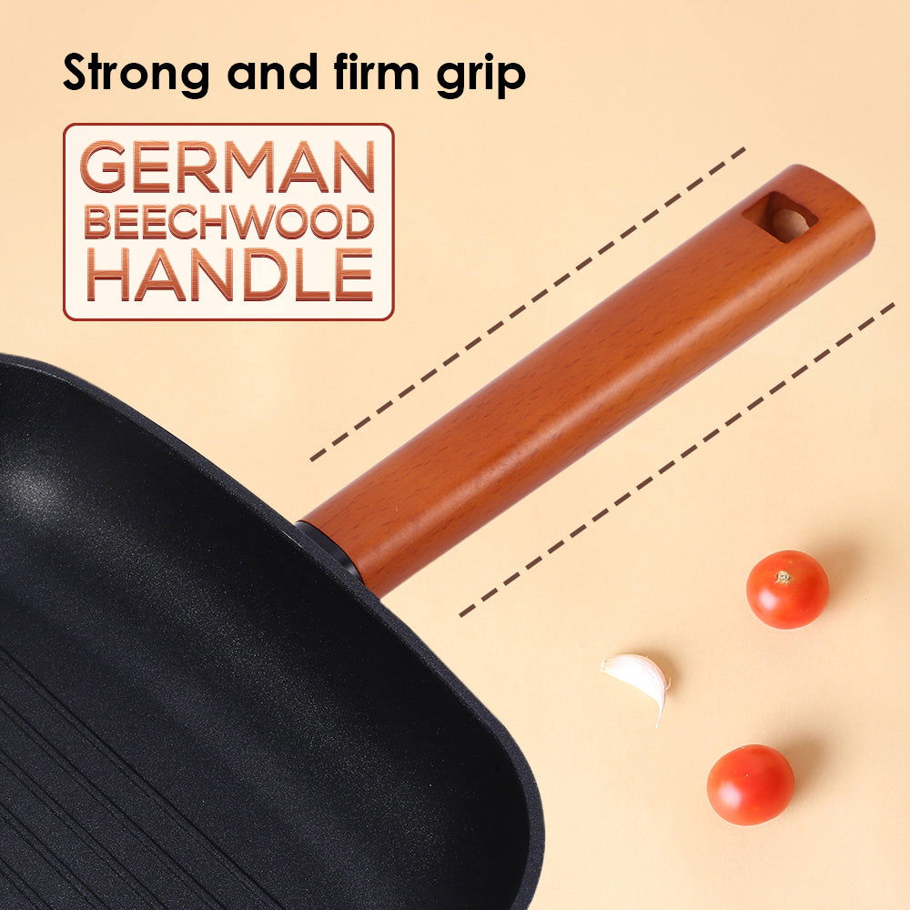Wonderchef Caesar Forged Grill Pan, 24cm, Black, Greblon C3 Non-stick Coating, Virgin Aluminium, PFOA Free, German Beech