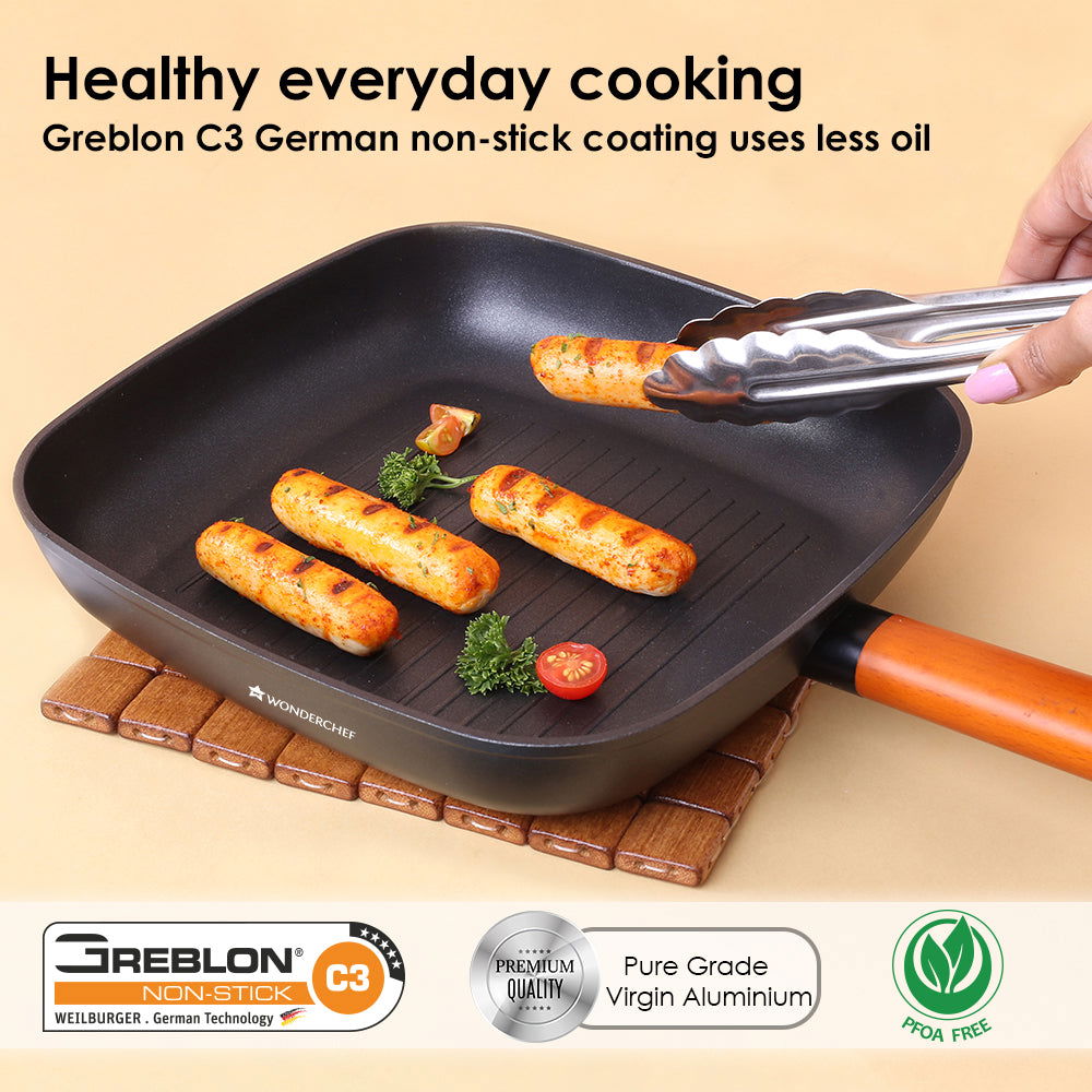 Wonderchef Caesar Forged Grill Pan, 24cm, Black, Greblon C3 Non-stick Coating, Virgin Aluminium, PFOA Free, German Beech