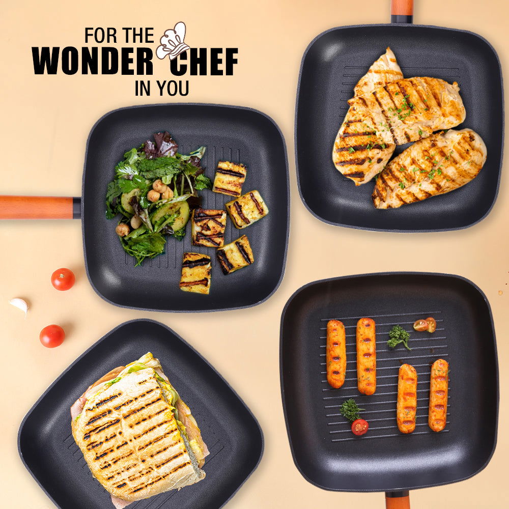 Wonderchef Caesar Forged Grill Pan, 24cm, Black, Greblon C3 Non-stick Coating, Virgin Aluminium, PFOA Free, German Beech