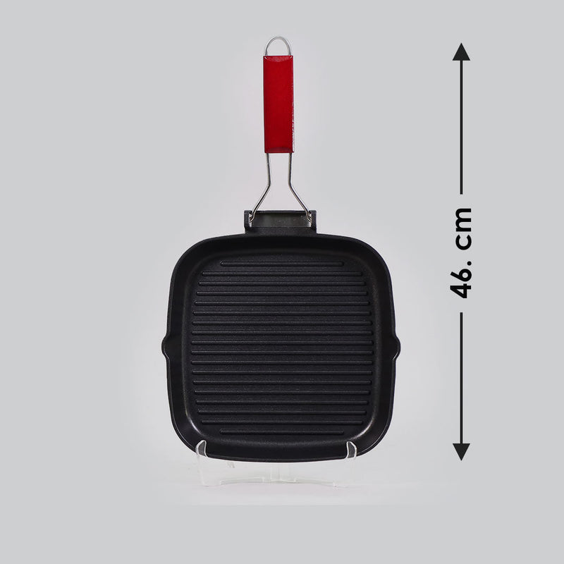 Caesar Nonstick Folding  Grill Pan | Ideal for Barbeque, Tandoori & Sandwiches | Smart Folding Handle | Space Saver | Gas & Induction Friendly | PFOA Free | 2.3L | 5 Year Warranty | Black