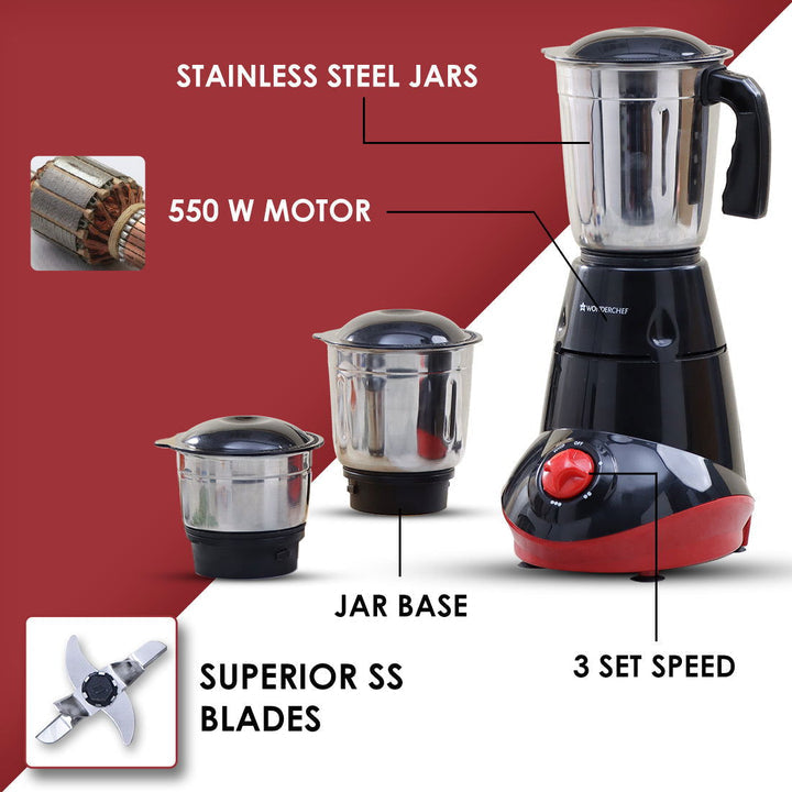Capri Mixer Grinder 550W, Black & Red, 5 Years Warranty