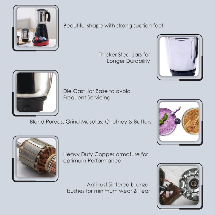 Capri Mixer Grinder 550W, Black & Red, 5 Years Warranty