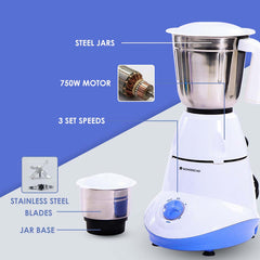 Capri Mixer Grinder 750 Watts 3 Stainless Steel Jars, 5 years Warranty on Motor