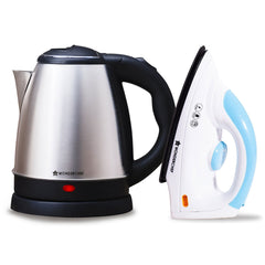 Wonderchef Crescent Kettle + Dry Iron Festive Gift Combo | 1.5L Kettle | Boil Water in 5-7 Mins | BPA-free Stainless Ste