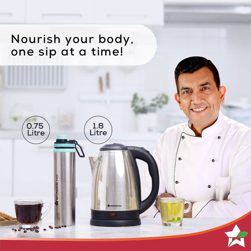 Wonderchef Crescent Kettle 1.8L + Sippy Stainless Steel Bottle, Gift Combo, For Family and Friends, Gift for Diwali and 
