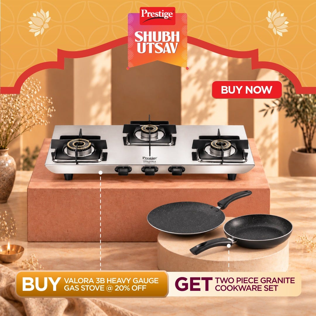 Prestige Valora Stainless Steel L.P. Gas Stove (With Stainless Steel Body and 3 Unit Brass Burners), Prestige Omega Deluxe Granite Twin Pack | Fry Pan 24cm & Omni Tawa 25cm | Durable Granite Finish Coating | PFOA Free | Metal Spoon Friendly | Gas & Induct
