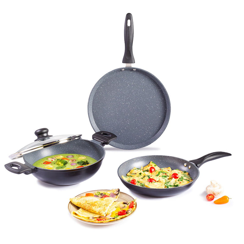 Wonderchef Duralite Die-Cast Non-Stick Pans 4 pcs Set | 24 cm Kadhai with Lid, 24 Cm Fry Pan, 28 cm Dosa Tawa | 1.2 L | 