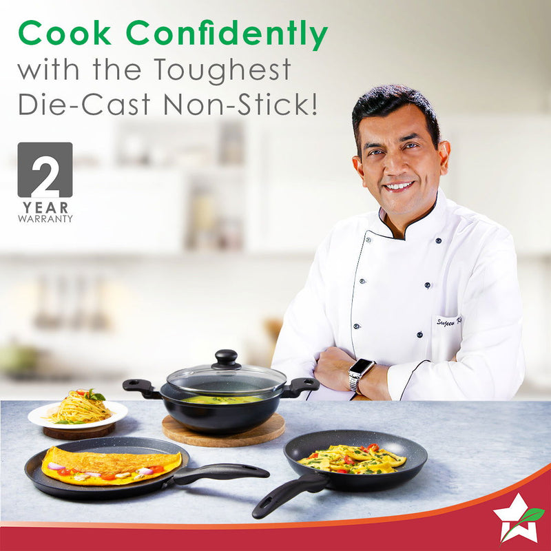 Wonderchef Duralite Die-Cast Non-Stick Pans 4 pcs Set | 24 cm Kadhai with Lid, 24 Cm Fry Pan, 28 cm Dosa Tawa | 1.2 L | 